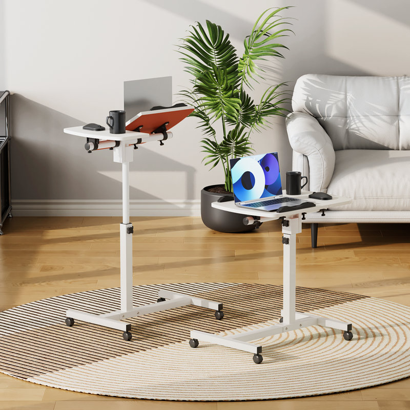 Mobile Laptop Desk Standing Desk With Mouse Pad & Tilting Tabletop, Adjustable Height Computer Table, White