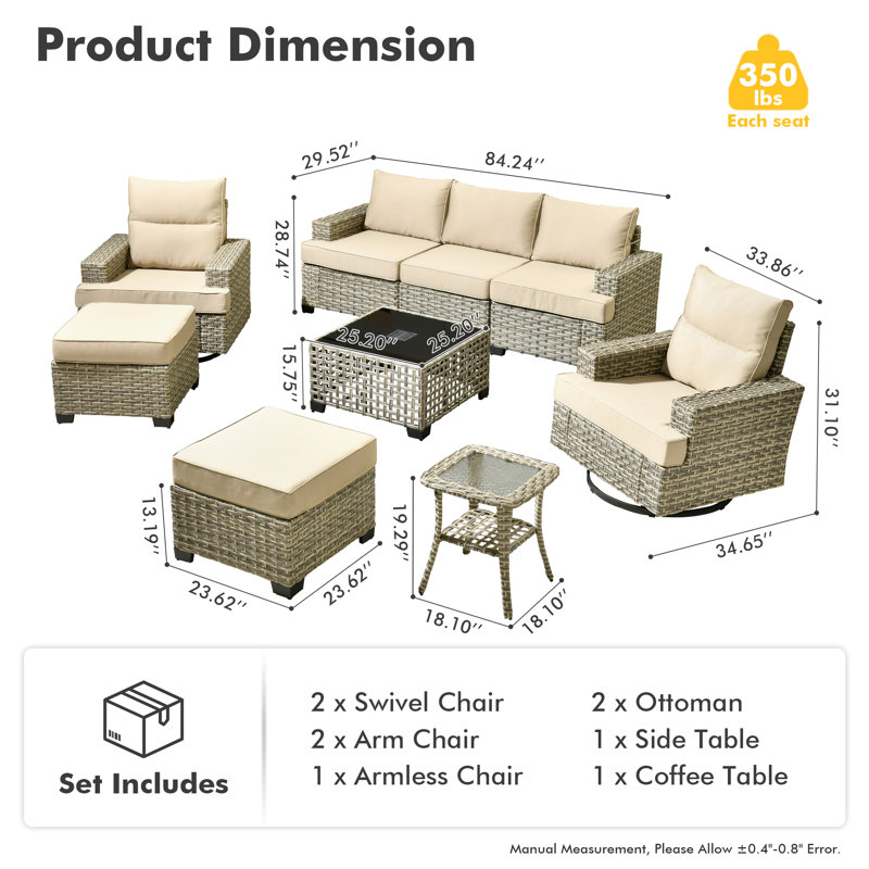 Ensemble de conversation d'extérieur en osier de polyéthylène pour 8 personnes Carolle, Beige