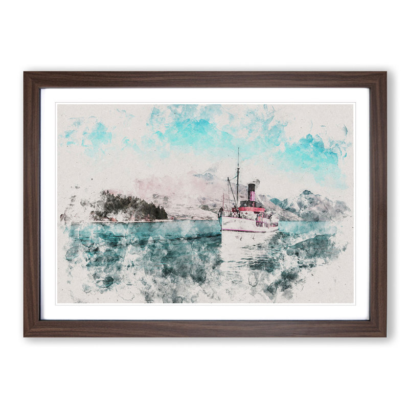 Boat on the Lake in New Zealand - Picture Frame Graphic Art Print, Walnut Framed, 62cm H x 87cm W x 2cm D