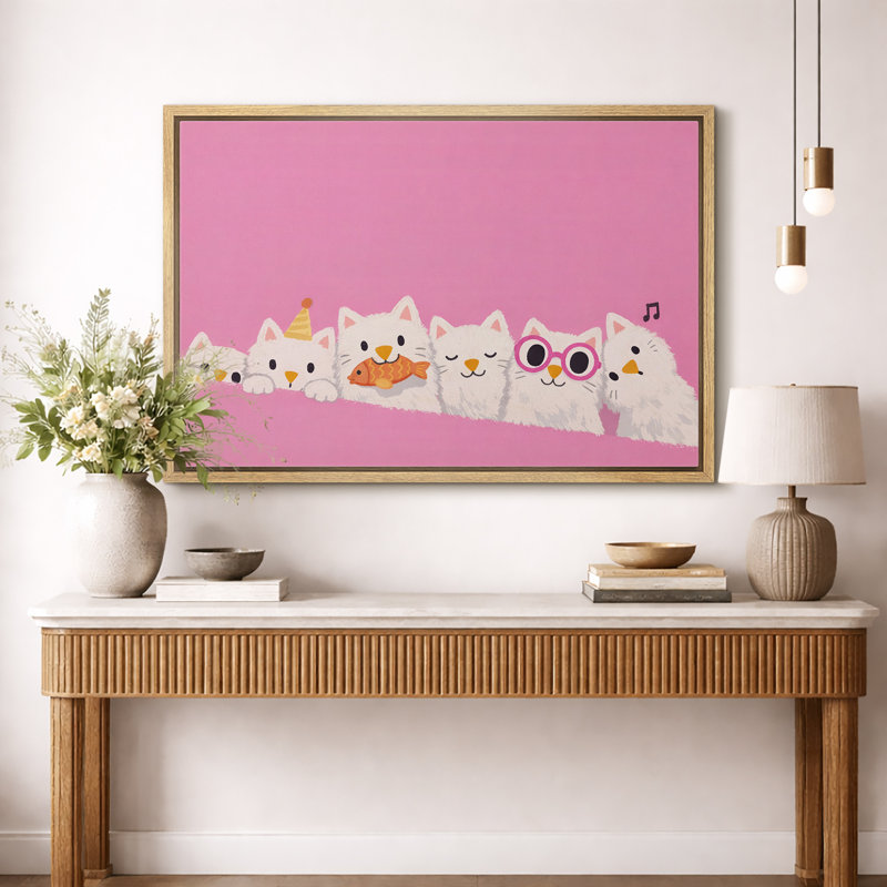 Cute White Cats on Pink Background Nursery Artwork, Bedroom Pictures, Framed Canvas Giclee Print Wall Art, H 24 po x l 36 po