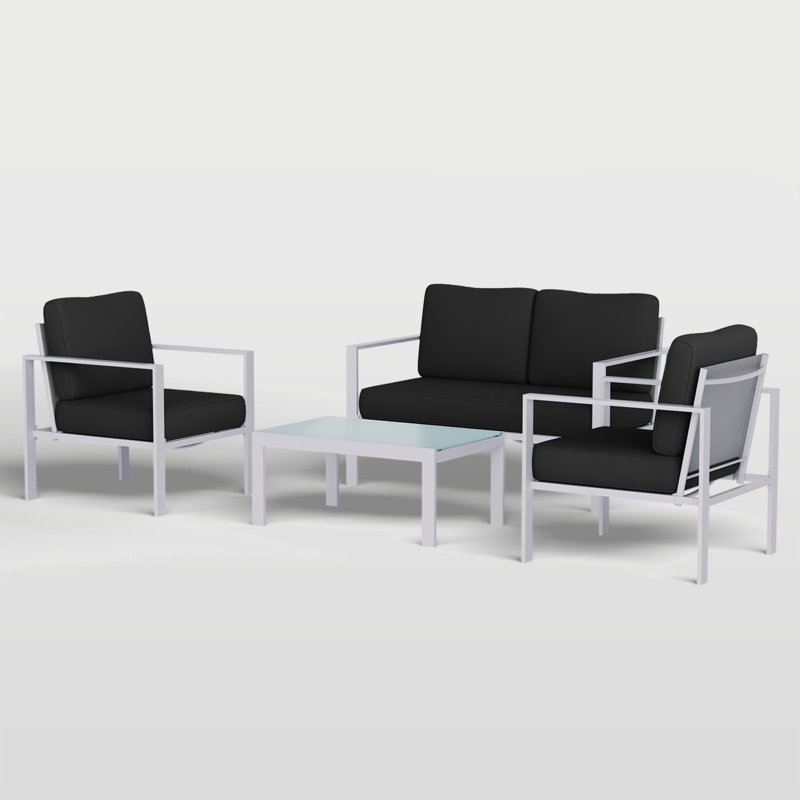 Ensemble de meubles de patio à structure en acier avec 2 chaises, 1 causeuse et table basse en verre trempé - Ensemble de conversation extérieur 4 pièces avec coussins en tissu Teslin pour la cour ou le jardin