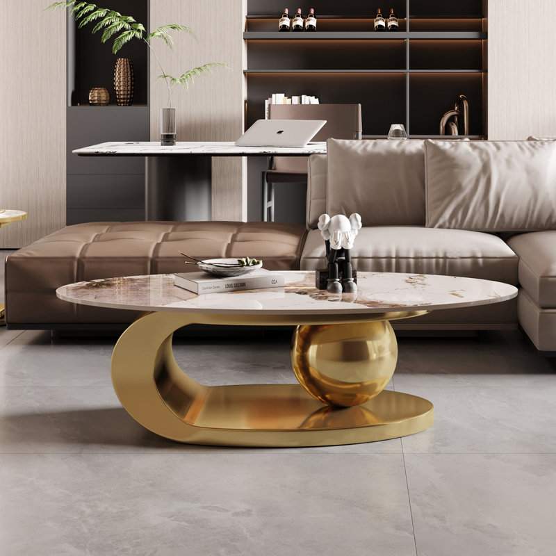 Table basse en métal doré avec piédestal en acier inoxydable et plateau en faux marbre