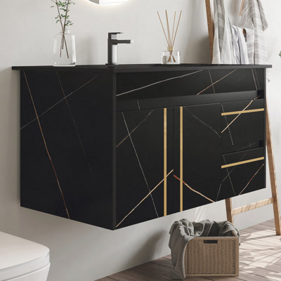 Meuble-lavabo flottant simple 35,4 po avec comptoir en faux marbre et lavabo