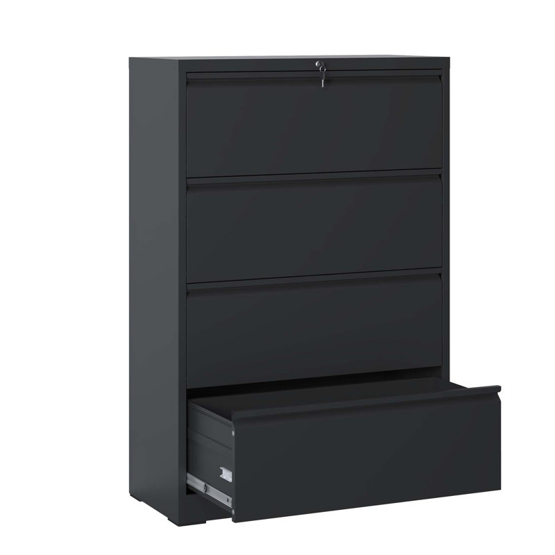 Lateral File Cabinet 4 Drawer, Black Filing Cabinet With Lock, Lockable File Cabinet For Home Office, Locking Metal File Cabinet For Legal/Letter/A4/F4 Size