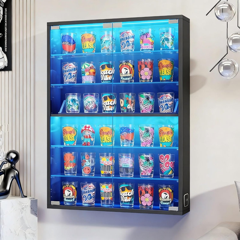6-tier Wall Display Case With Glass Doors, Led Display Cabinet With Adjustable Glass Shelves, Display Case For Collectibles, Black