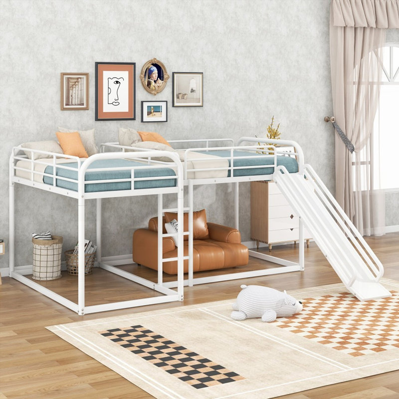 Lit superposé double en forme de L avec glissade et amp; Échelle courte - Aucun sommier requis, robuste et robuste Durable