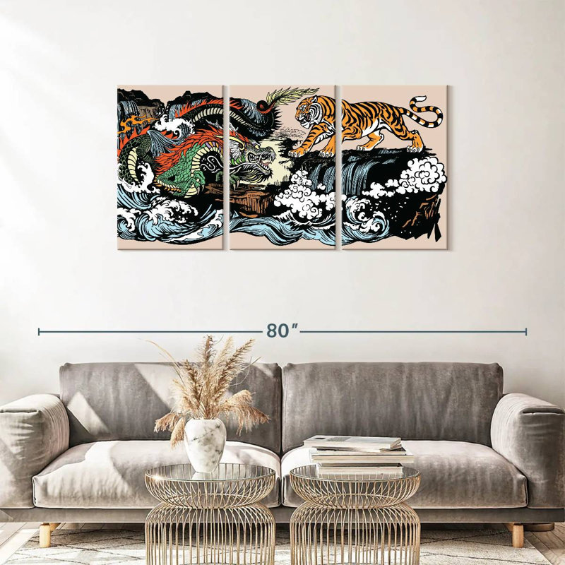 " Oriental Dragon And Tiger " 3 - Pieces, 27" H x 56" W x 1.25" D