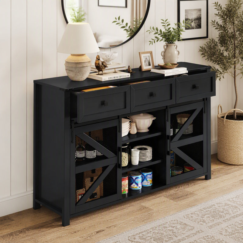 55 Inch Industrial Sliding Barn Door Sideboard Buffet Cabinet, Storage Credenza with 3 Drawers, Adjustable Shelves, Metal Mesh Door and Aluminum Handles for Dining Room, Living Room, Office