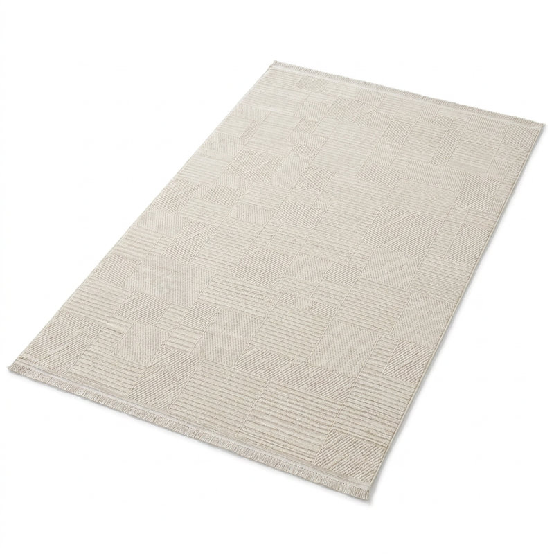 Tapis géométrique moderne de patchwork crème (2,6 pi x 4,9 pi)