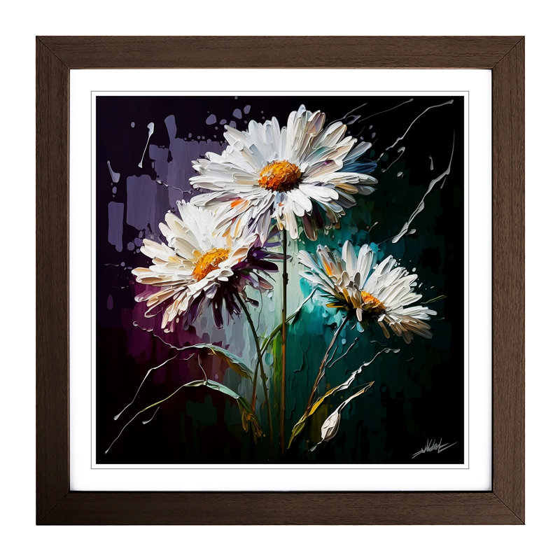 Daisy Palette Knife Painting - Single Picture Frame Print on Wood, Walnut