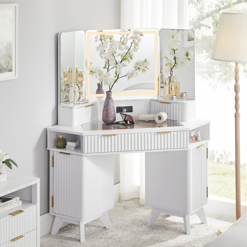 48'' Fluted Makeup Vanity Desk With Hd Triple Mirror And Lights,large Lighted Corner Vanity With Glass Top, Modern Dressing Table With Outlets