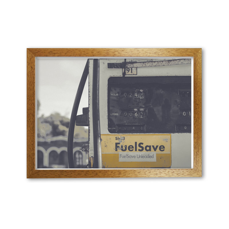 Yellow Fuel Save Gas Pump - Print, Honey Oak Frame, 30 cm H x 21 cm W x 5 cm D