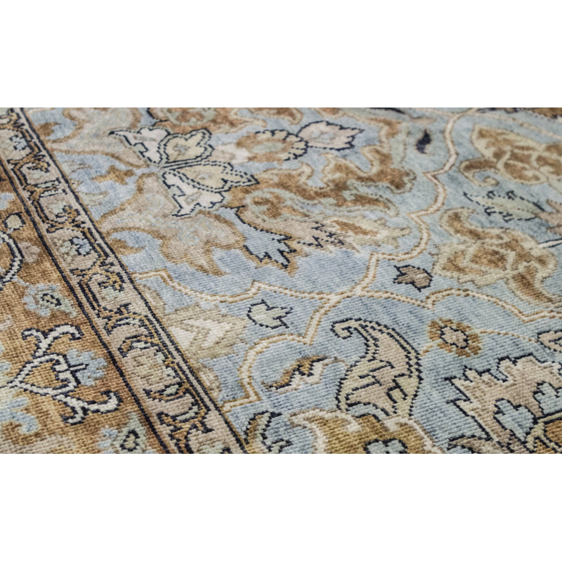 Tapis bleu clair et rouille de haute qualité noué à la main