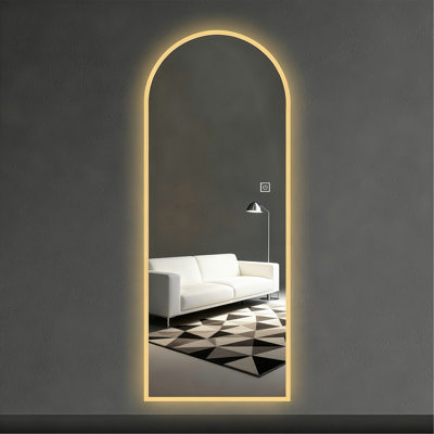 65" x 21" LED Full Length Wall Mirror, Symmetrical Arch Design with Frosted Glass Border, Dimmable 3 Color Temperature Lighting, Copper-Free Silver Glass, Hardwired or Plug-In