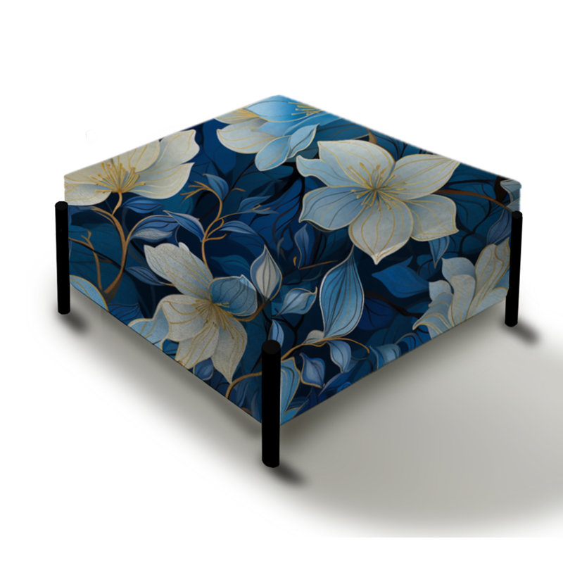 Blanc et bleu Bliss Floral Motif III - Grand repose-pieds carré floral