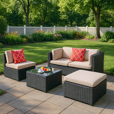 5-Piece Outdoor Modular Conversation Set, PE Wicker Loveseat and Ottoman with Soft Cushions, Glass Coffee Table, All Weather Patio Furniture for Backyard, Porch, Garden (Beige+Red)