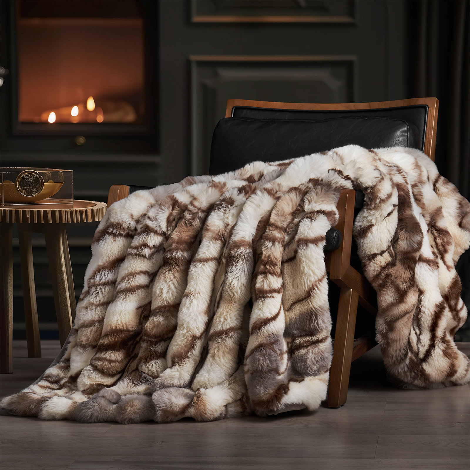 Ridgeline Faux Fur Throw Blanket, 60" L x 50" W, Beige/Gray Marble