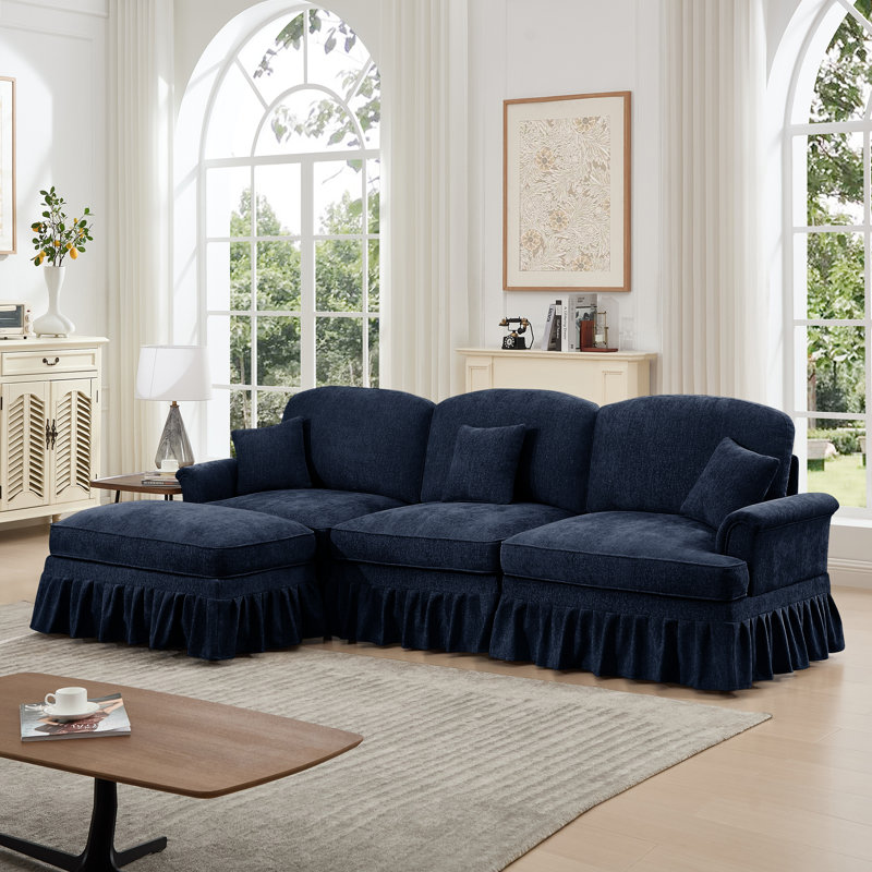 Canapé modulaire en forme de L Mid-Century à trois places avec accoudoirs évasés et volants amovibles, avec jupes plissées et pieds fuselés, canapé en chenille confortable à 3 sièges profonds avec repose-pieds mobile, bleu