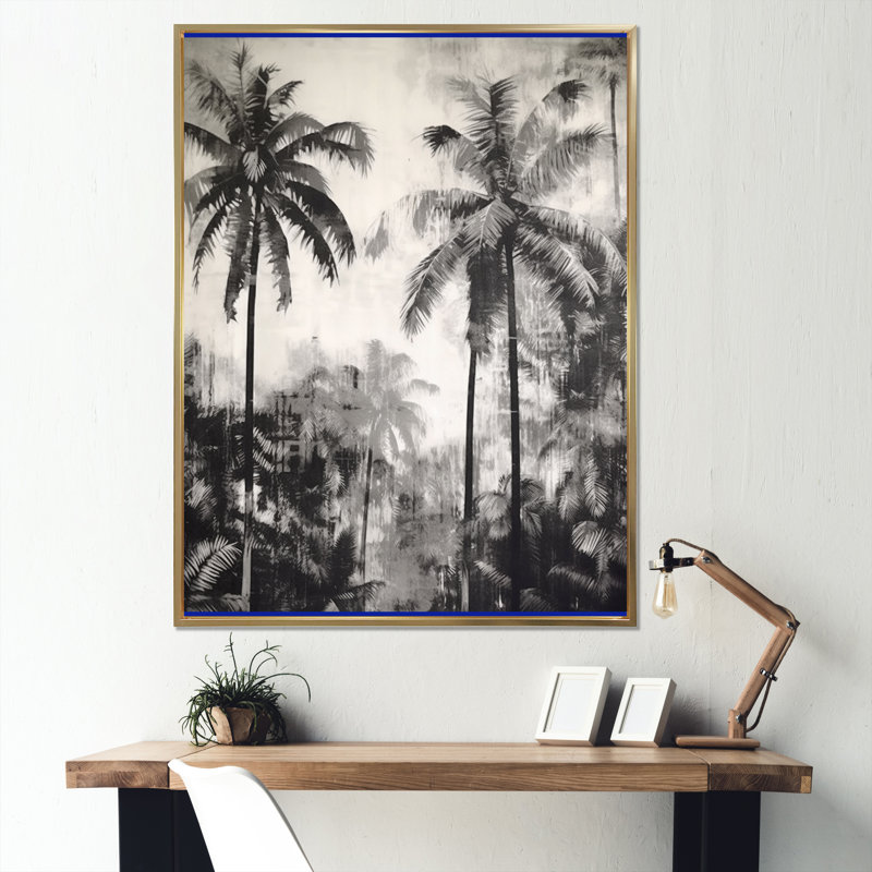 Palmier noir et blanc II sur toile, H 40 po x l 30 po x P 1,5 po, Cadre flottant doré