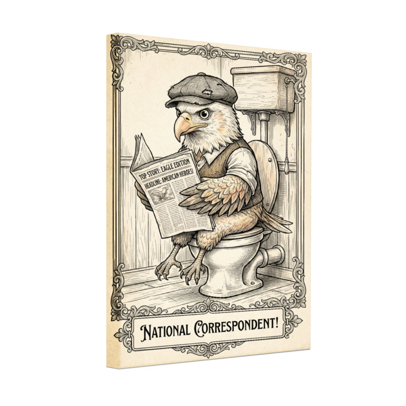 Bath and Laundry Eagle lisant un journal sur une toilette, H 18 po x l 12 po