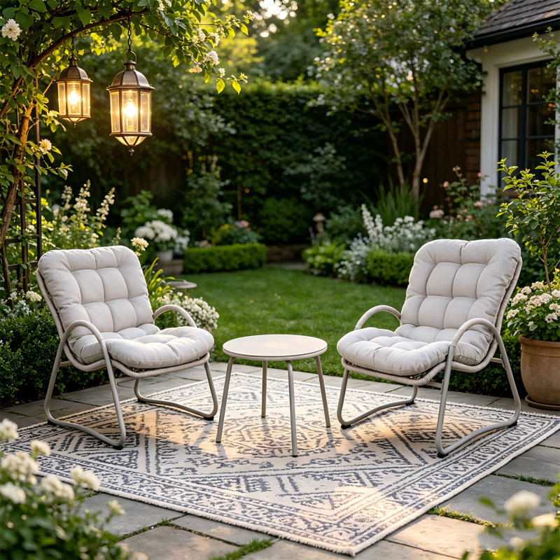 Ensemble de mobilier d'extérieur en osier 3 pièces, chaises d'appoint en fer avec table d'appoint, fauteuil de lecture ergonomique pour patio, piscine, plage et bureau, blanc cassé