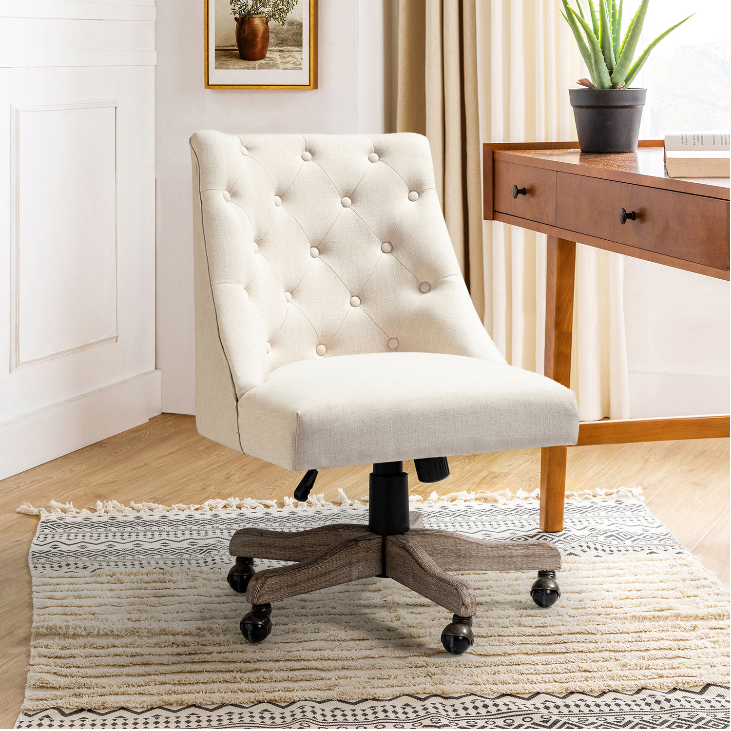 Vail 38.5'' H Farmhouse Tilting Task Chair with Solid Wood Base and Button-tufted