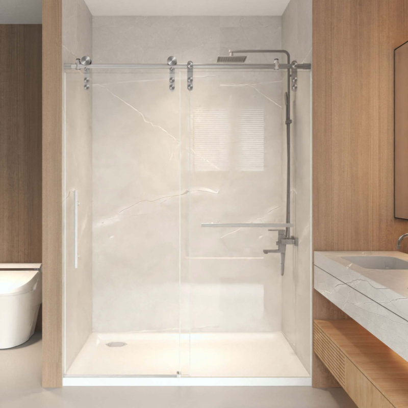 Porte de douche coulissante sans cadre, verre trempé transparent de 5/16 po (8 mm), cadre en acier inoxydable, Nickel brossé