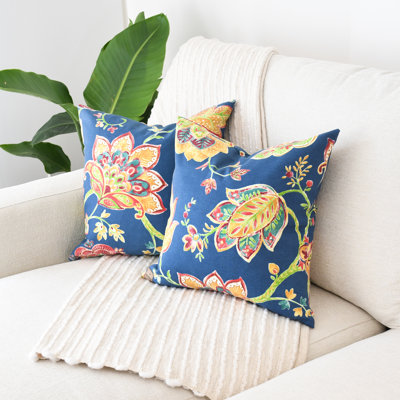 Navy Blue Floral Outdoor Pillow Cover with Inserts, Water-Resistant Polyester