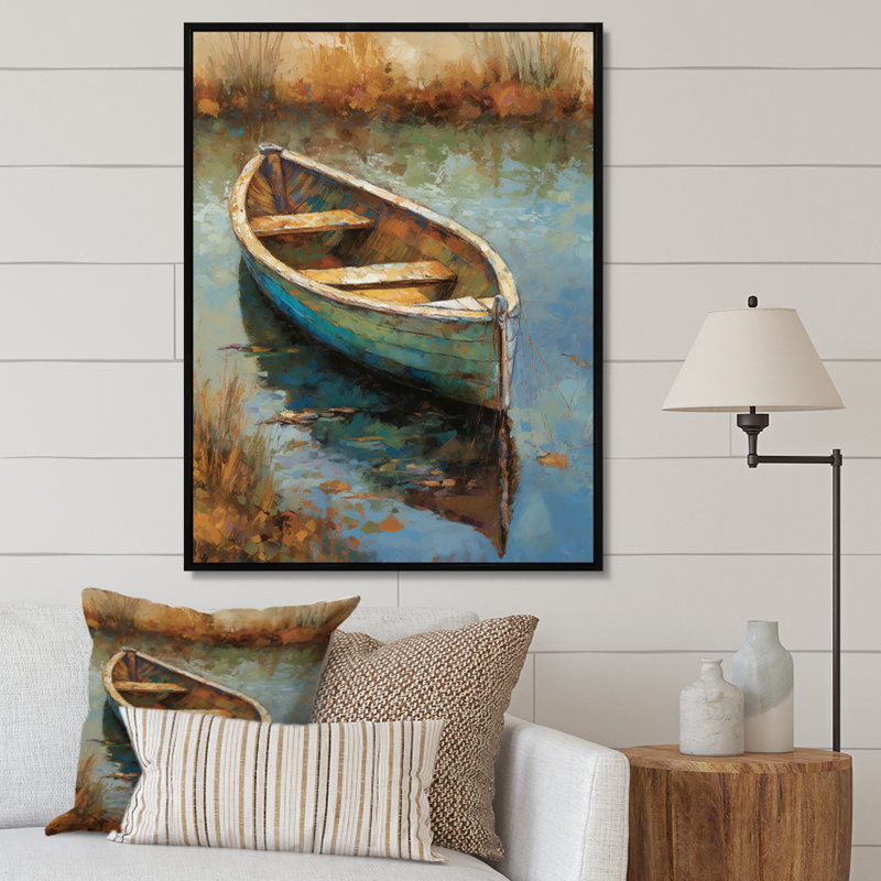 «Lake Serenity Dinghy Boat Resting On The Water I», art mural Lakehouse, H 32 po x l 16 po x P 1 po, Cadre flottant noir