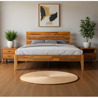Base de lit en bois massif de grande taille Tanira - Tête de lit et pied de lit TAB-45-Q, pieds centraux en métal, structure à 12 lattes solides, aucun sommier requis, silencieux, rangement sous le lit, assemblage facile, érable doré