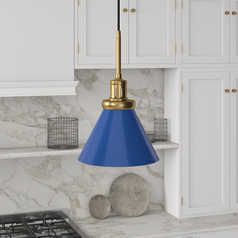 Luminaire suspendu conique à 1 lumière Zeno, Bleu / laiton