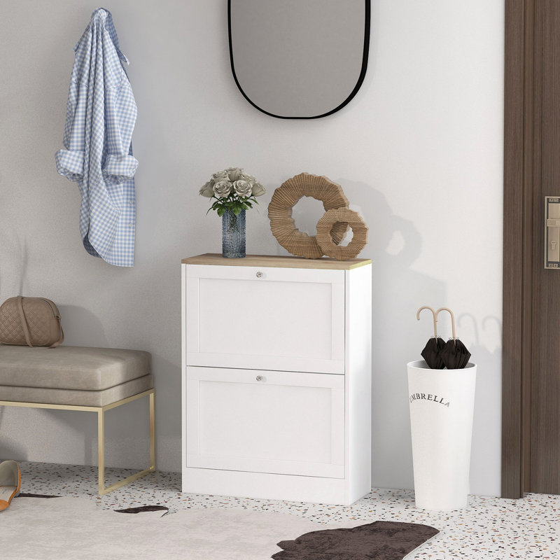 Slim Shoe Cabinet For Entryway, Modern Hidden Shoe Storage Cabinet With 2 Flip Drawers And Adjustable Shelves For 12 Pairs Of Shoes