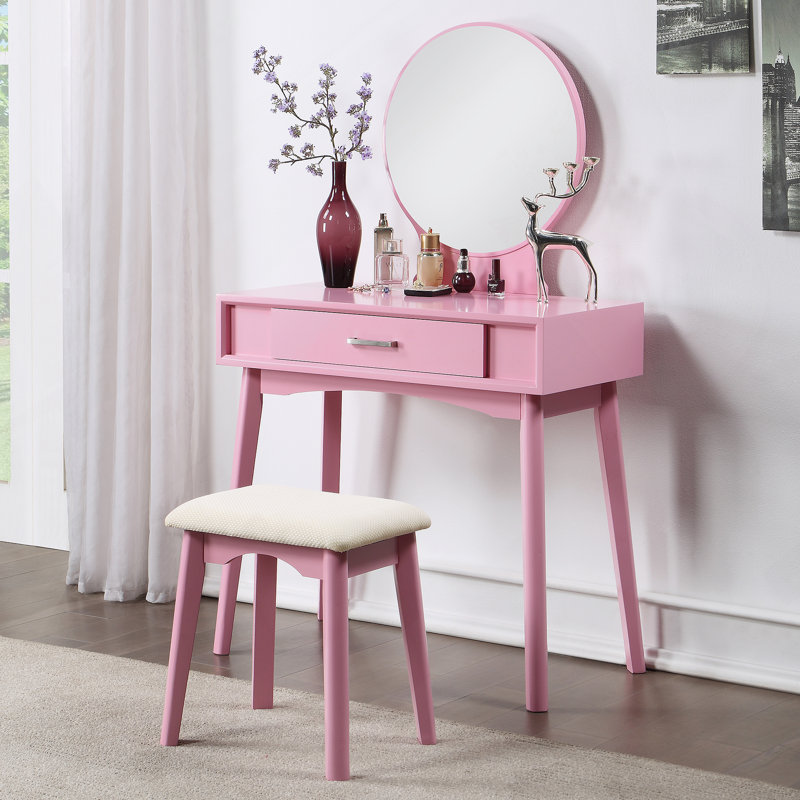 Ensemble coiffeuse et tabouret contemporain en bois, rose, Rose