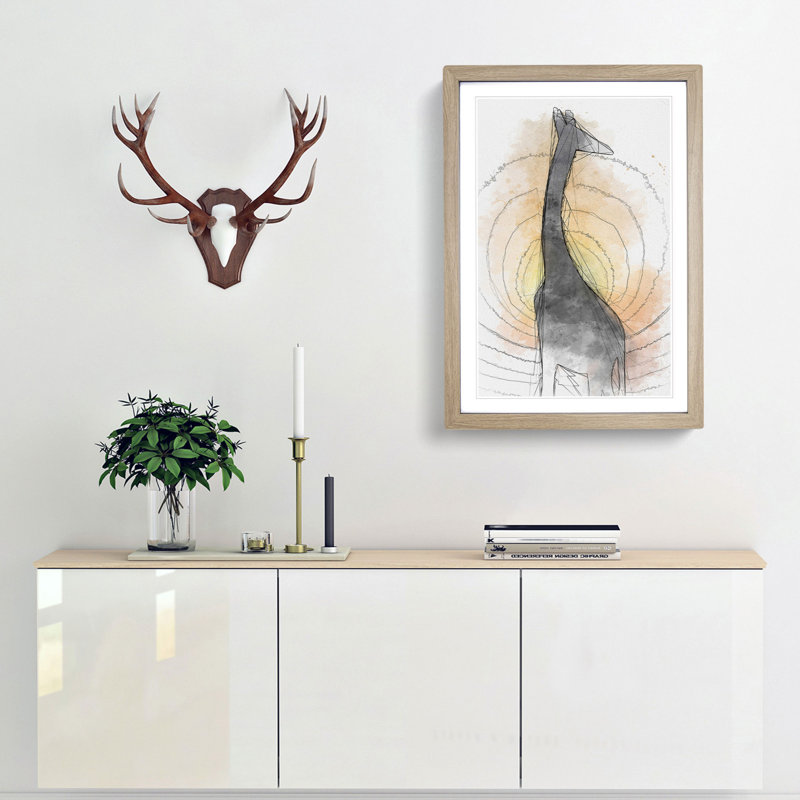 The Silhouette of a Giraffe in Abstract - Picture Frame Graphic Art Print, 50cm H x 35cm W x 2cm D, Oak