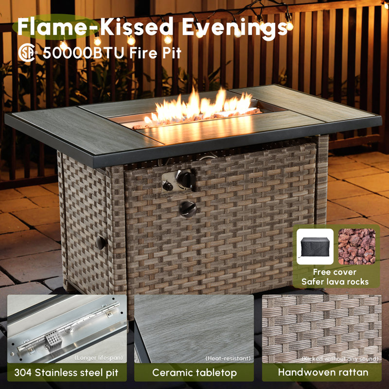 5-Person Outdoor Sectional With Cushions And Fire Pit,All-Weather Wicker Patio Set, Dark Gray