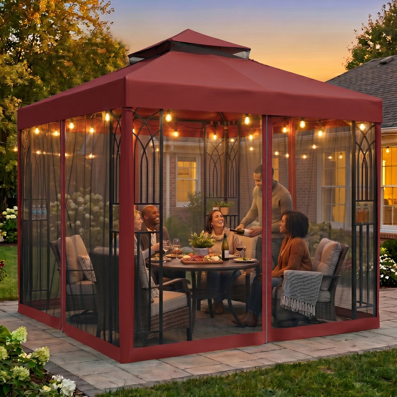 8 Ft. W x 8 Ft. D Steel Frame Vented Soft Top Patio Gazebo with Mesh Netting, Corner Shelves, Red