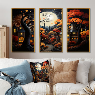 Cozy village in Autumn Moonlit IV - Art mural art déco urbain