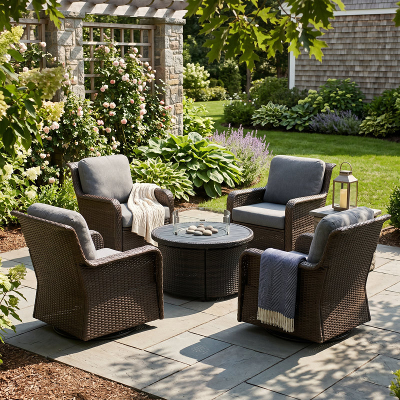 Outdoor Swivel Wicker Lounge Chair with Thicked Gray Cushions and Iron Frame