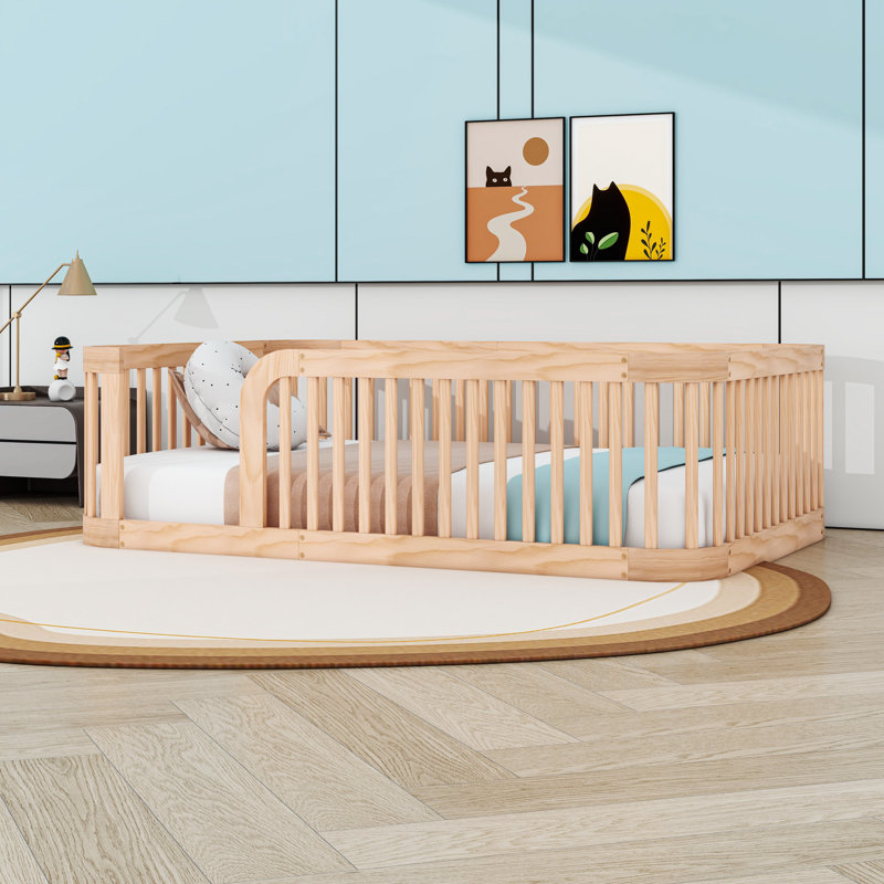 Structure de lit double en bois avec garde-corps, Naturel