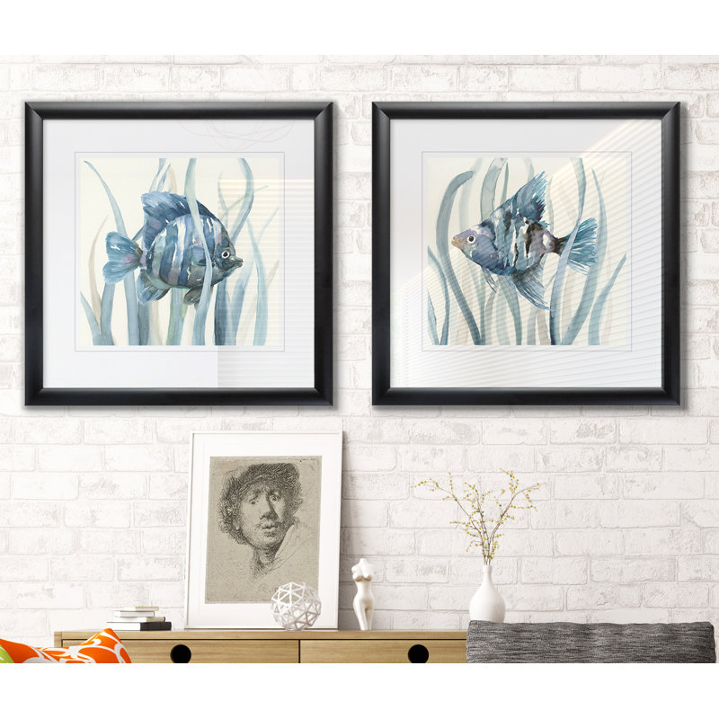 Fish in Seagrass I - Ensemble de 2 reproductions de cadres photo, Cadre noir