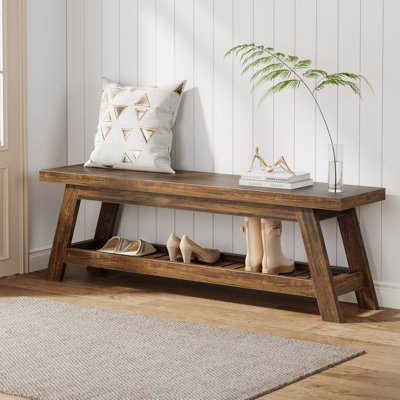 55" Wood Entryway Bench With Shoe Storage, Large 2-tier Narrow Hallway Foyer Seating Bench With Open Shelves For Entryway, Bedroom, Mudroom by Millwood Pines