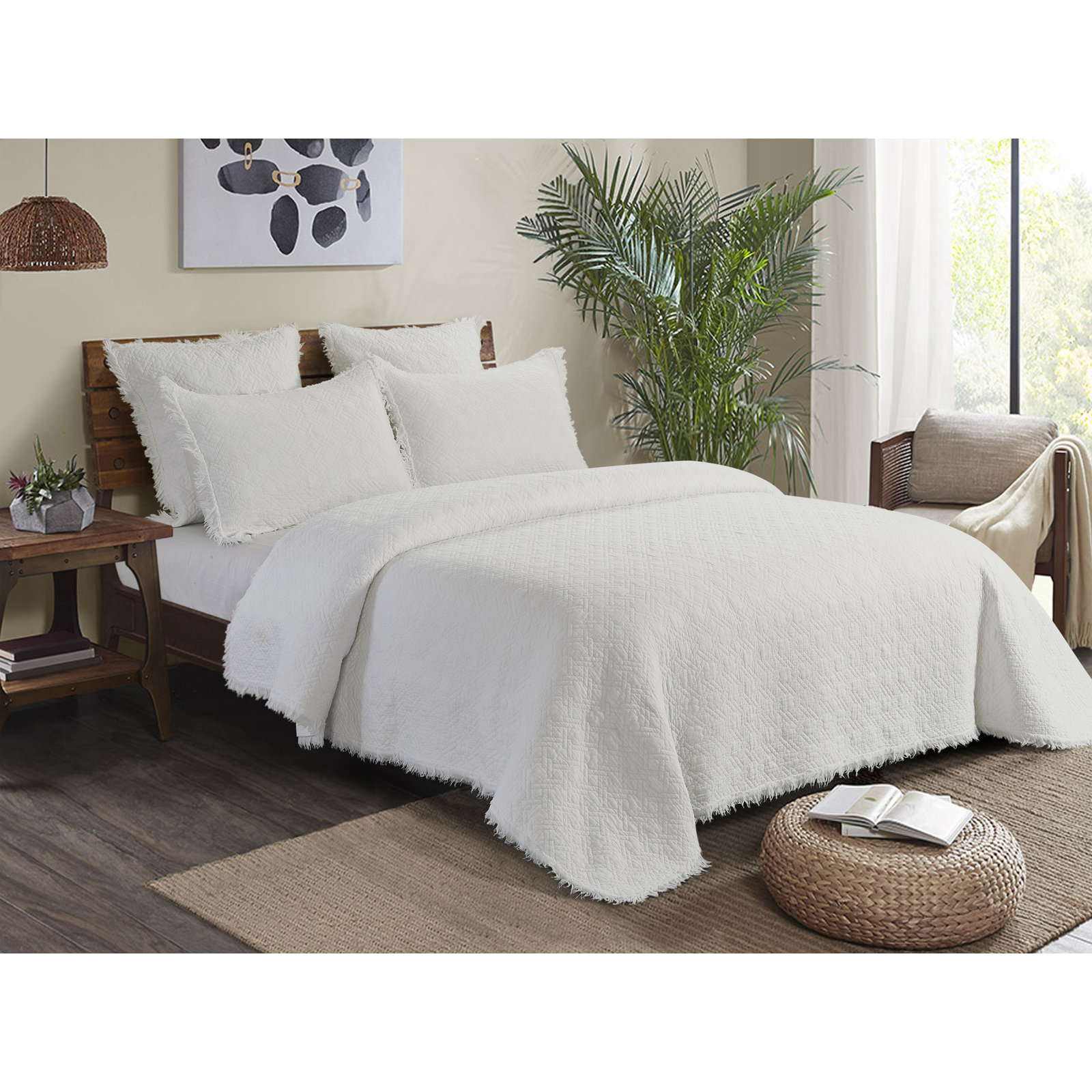 Marcine Cotton Quilt Set, King Quilt + 2 Shams, White