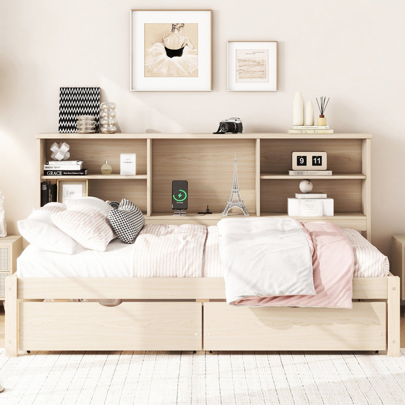 Lit simple avec bibliothèque latérale, 2 tiroirs, chargement, compartiments de lit de jour naturel moderne,, Naturel