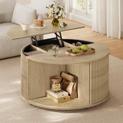 Round Lift Top Coffee Table With Storage, Modern Coffee Table With 180° Curved Sliding Door For Living Room, Office