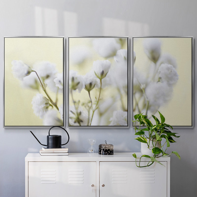 «Baby's Breath Study IV», reproduction de cadre flottant 3 pièces sur toile, H 24 po x l 48 po x P 2 po, Argent