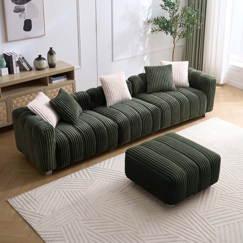 Canapé à trois places confortable et durable en velours côtelé avec structure en bois robuste et repose-pieds pour se détendre dans les salons, les salons et les bureaux