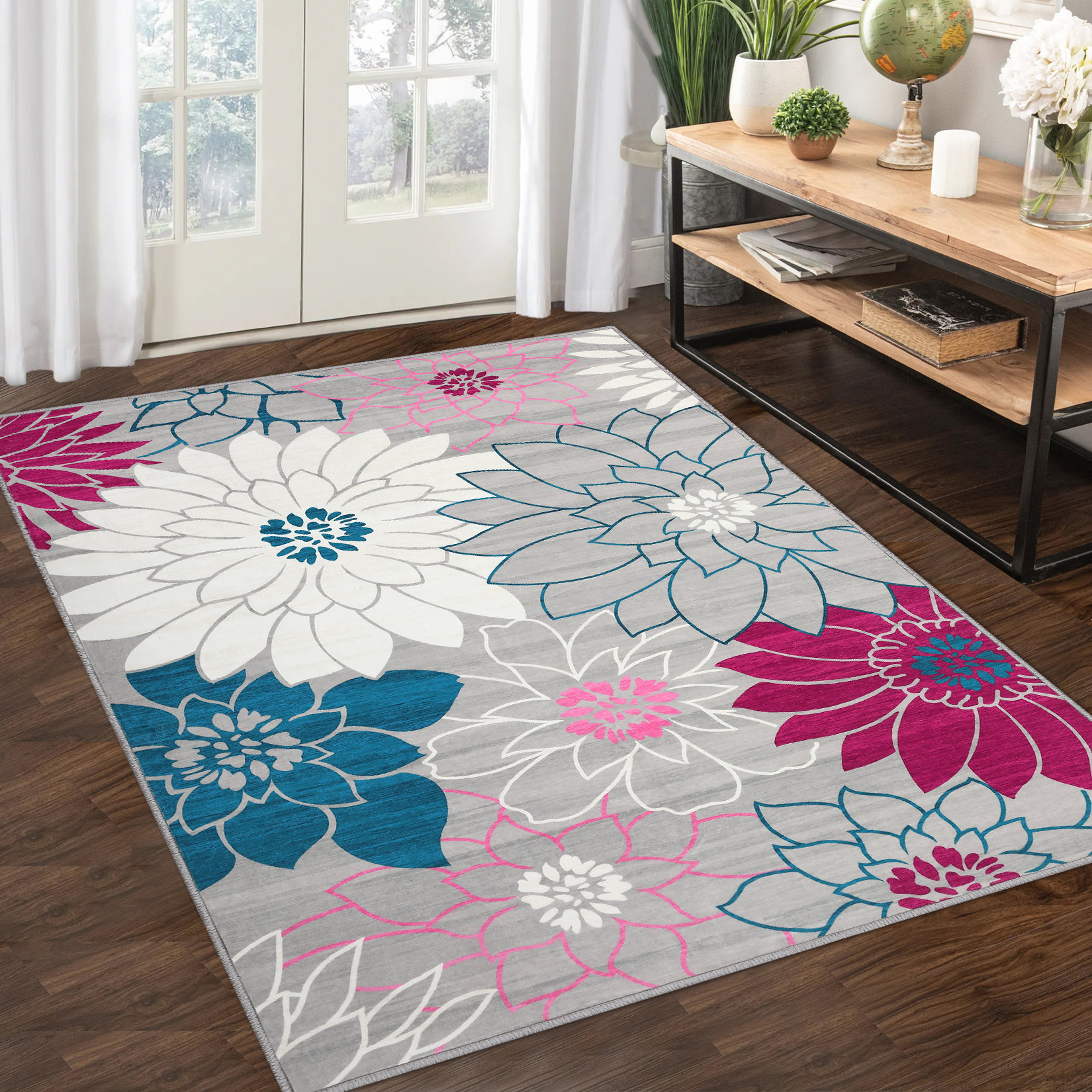 Winston Porter Neilani Floral Machine Woven Polyester Area Rug in Gray ...
