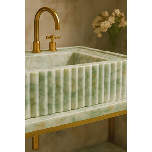 Hand-Carved Calacatta Verde Marble Sink - Fluted Green Veined Luxury Vanity Basin - 16 in x 14 in x 6 in