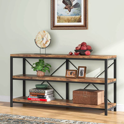Console industrielle de 55 pouces avec tablettes ouvertes à 3 niveaux, canapé étroit brun rustique pour le salon et le couloir