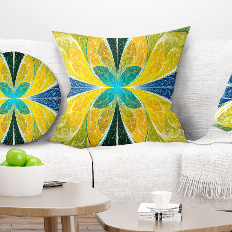 Vitrail jaune fractal - Coussin imprimé abstrait, 18 po x 18 po, Coussin décoratif